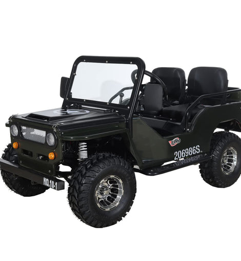 Free shipping! X-PRO 125cc Jeep Go Kart with 3-Speed Semi-Automatic Transmission w/Reverse, LED Headlights, With Windshield and Spare Tire, Big 18in Aluminium Rim Wheels!