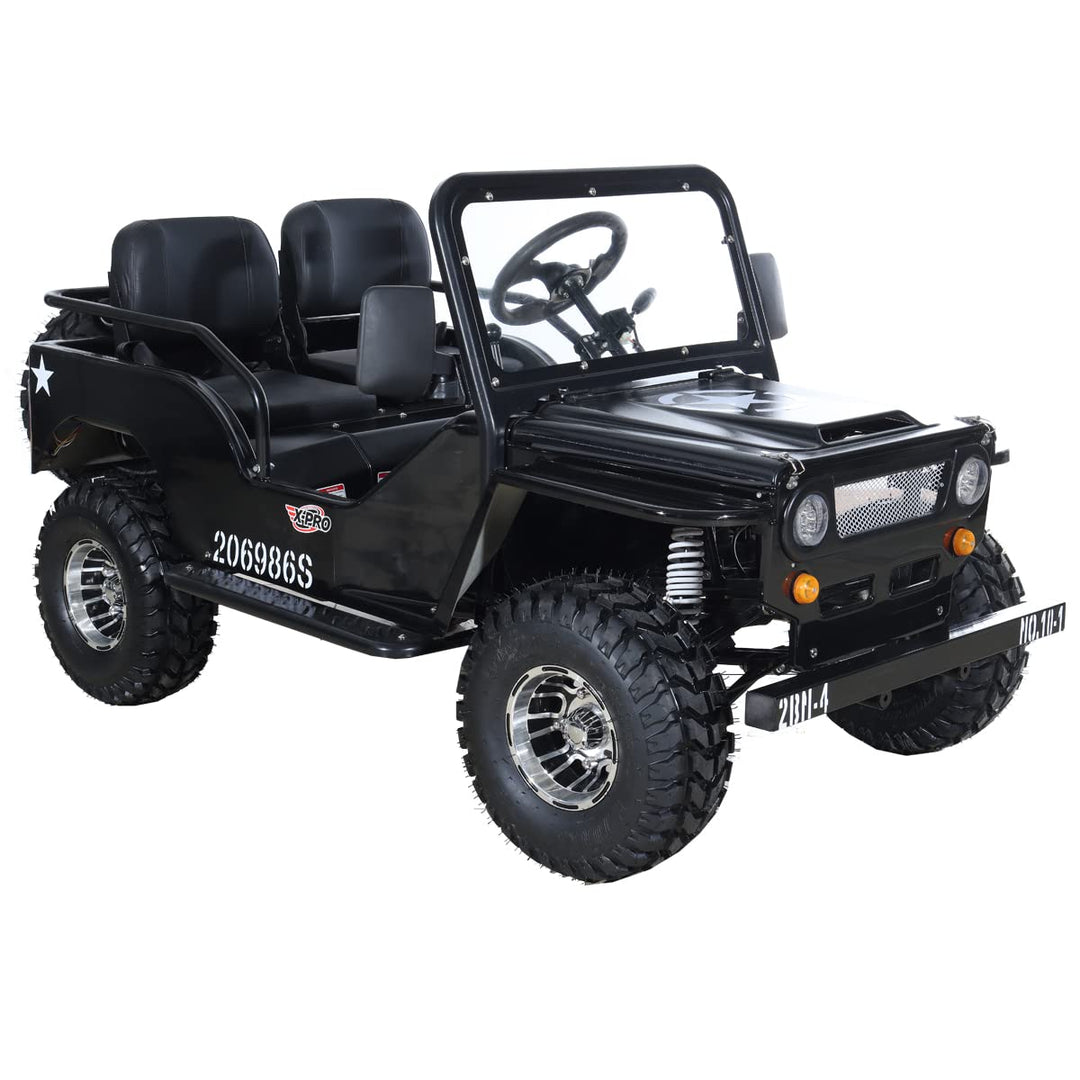 Free shipping! X-PRO Ranger 125cc Jeep Go Kart with 3-Speed Semi-Automatic Transmission w/Reverse, LED Headlights, With Windshield and Spare Tire, Big 18" Aluminium Rim Wheels!