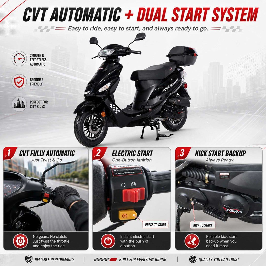 Free Shipping! X-PRO Milos 50cc Moped Scooter with 10in Aluminum Wheels, Rear Trunk, Electric/Kick Start! Large LED Headlight!