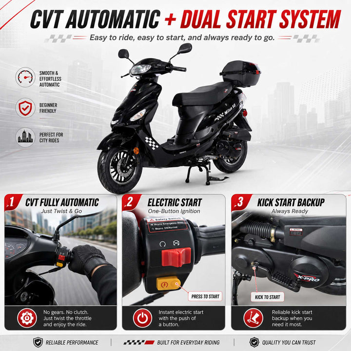 Free Shipping! X-PRO Milos 50cc Moped Scooter with 10in Aluminum Wheels, Rear Trunk, Electric/Kick Start! Large LED Headlight!