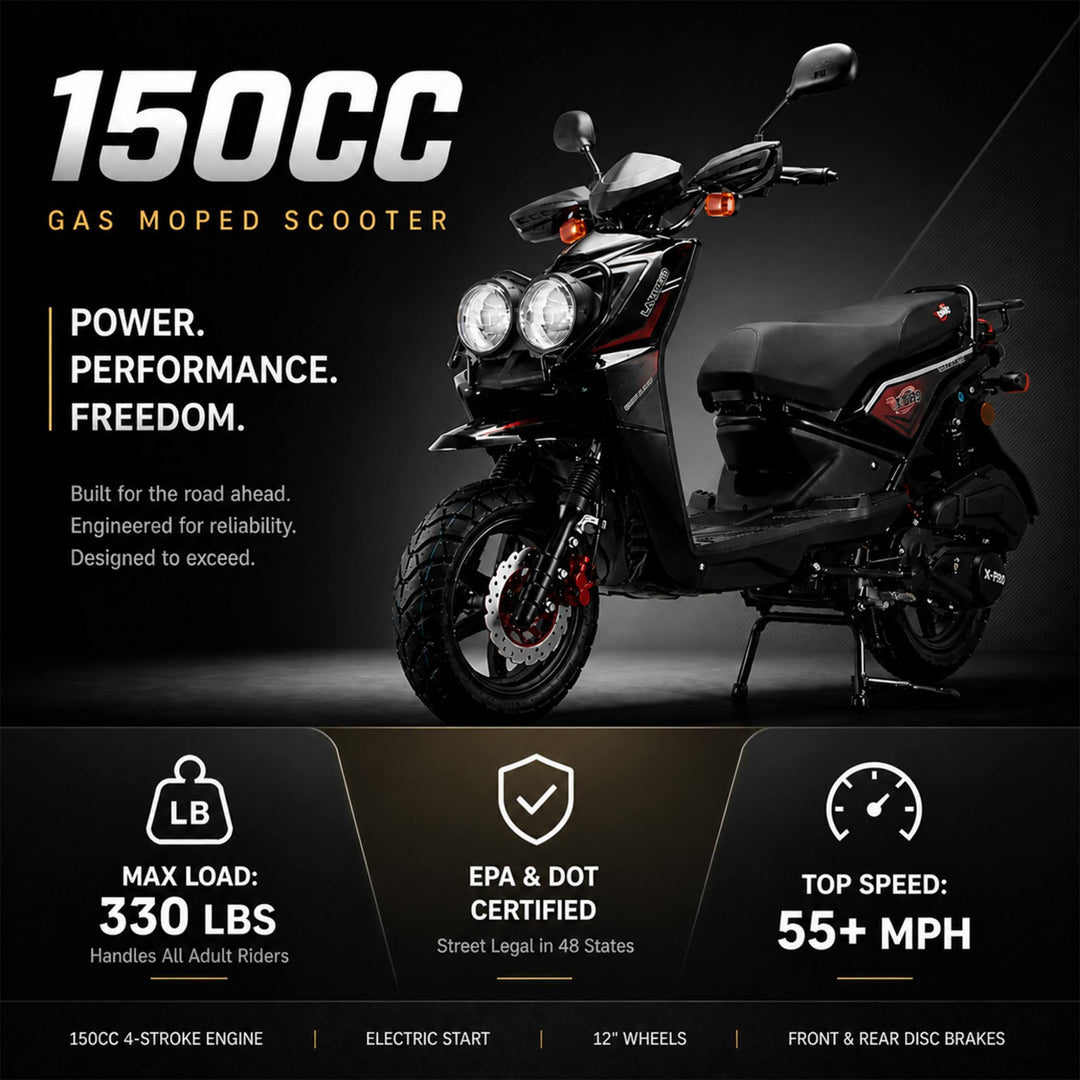 Free Shipping! X-PRO Lanai 150cc Moped Scooter with 12" Aluminum Wheels, Electric/Kick Start, Dual Headlights and Tail Lights!