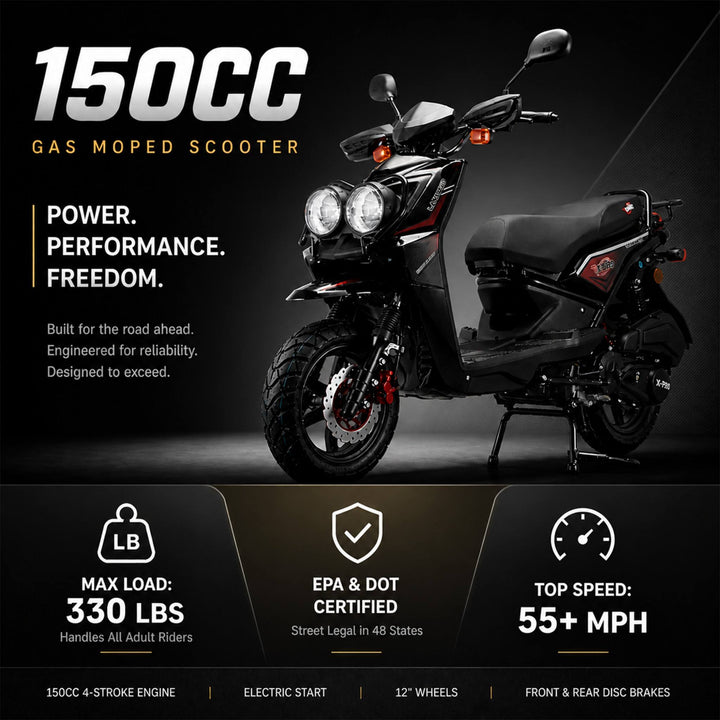 Free Shipping! X-PRO Lanai 150cc Moped Scooter with 12" Aluminum Wheels, Electric/Kick Start, Dual Headlights and Tail Lights!