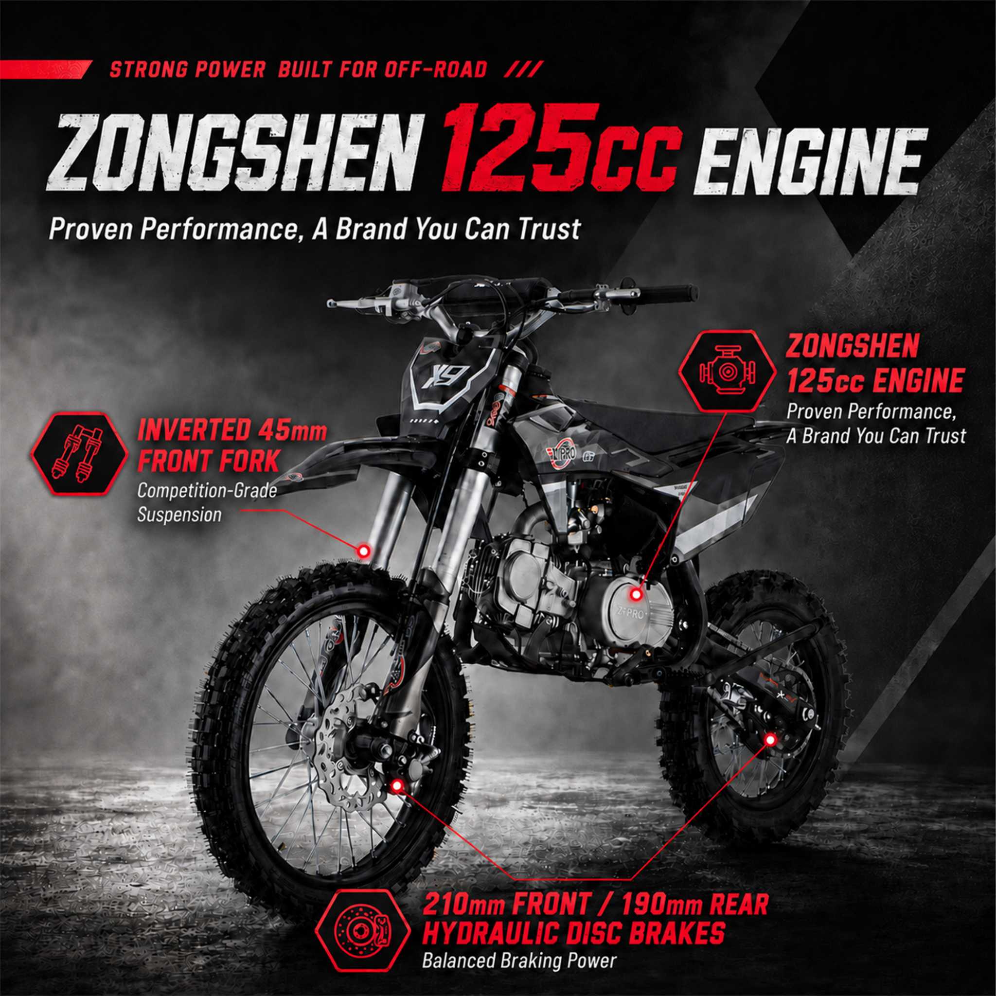 Free Shipping! X-PRO X9 125cc Dirt Bike — Zongshen, 4-Speed Manual