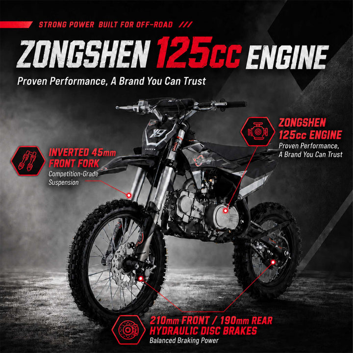 Free Shipping! X-PRO X9 125cc Dirt Bike with 4-Speed Manual Transmission, Kick Start, Big 17in/14in Tires! Zongshen Brand Engine!