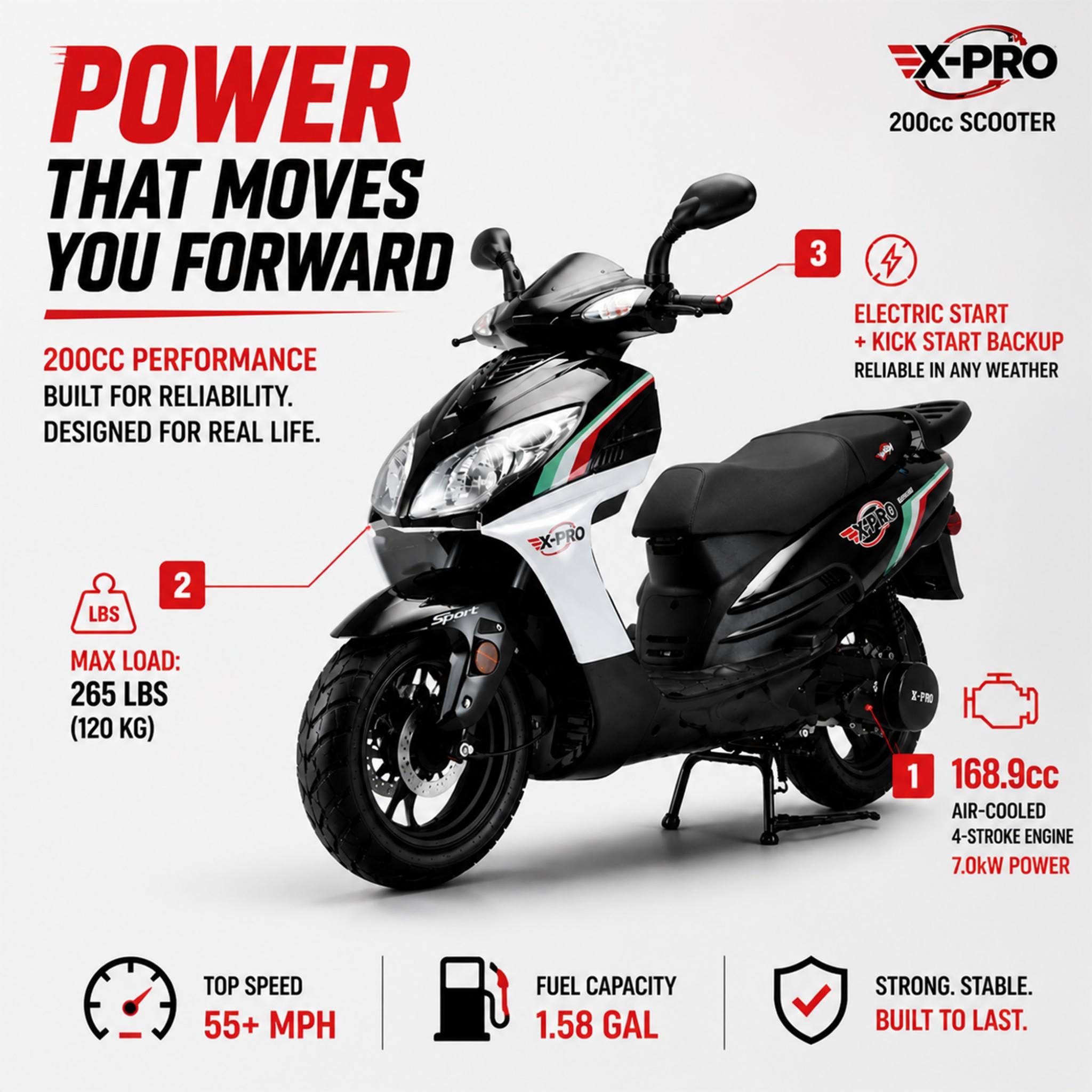 Free Shipping! X-PRO Fiji 200cc Gas Moped — 13