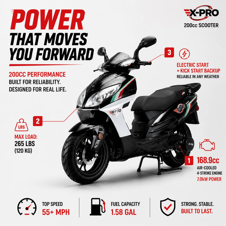 Free Shipping! X-PRO Fiji 200 Moped Scooter with 13" Aluminum Wheels! Electric/Kick Start!