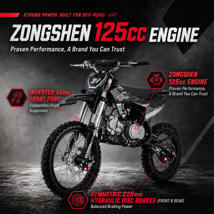 Free Shipping! X-PRO X9 125cc Dirt Bike with 4-Speed Manual Transmission, Kick Start, Big 17in/14in Tires! Zongshen Brand Engine!