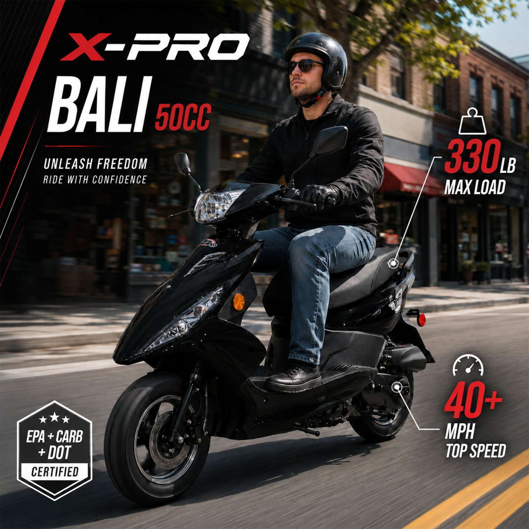 Free Shipping! X-PRO Bali 50cc Moped Scooter with 10" Wheels! Electric/Kick Start! Large LED Headlights!