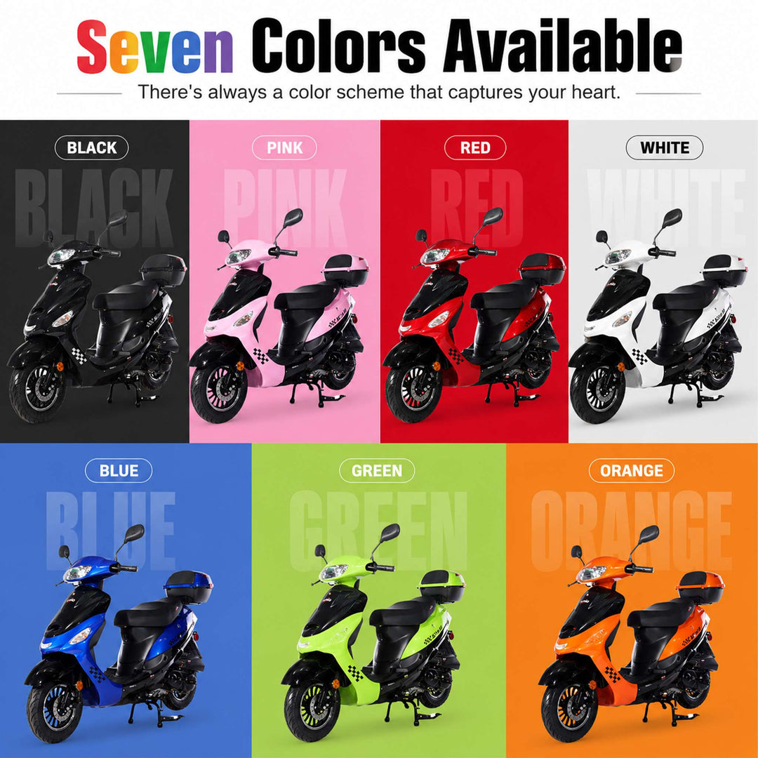 Free Shipping! X-PRO Milos 50cc Moped Scooter with 10in Aluminum Wheels, Rear Trunk, Electric/Kick Start! Large LED Headlight!