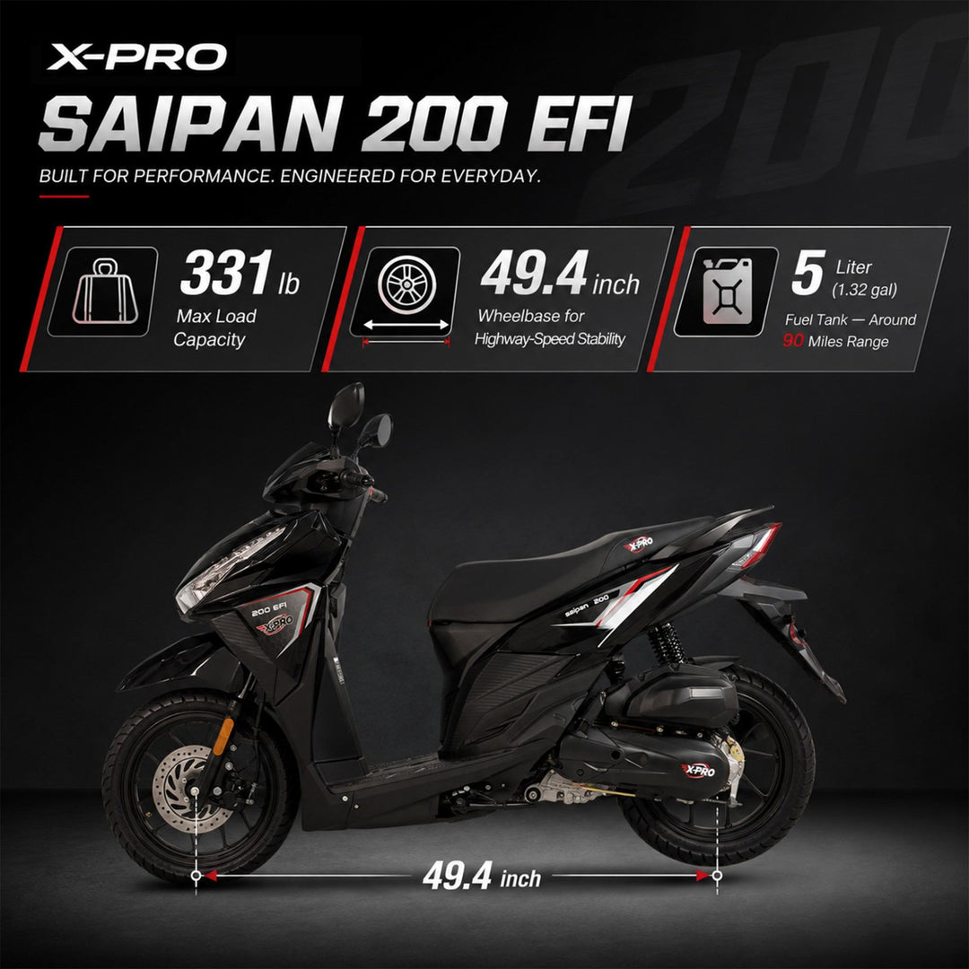 Free Shipping! X-PRO Saipan 200 EFI Electronic Fuel Injection Scooter with CVT Transmission, 14" Alloy Wheels, LED Headlights!