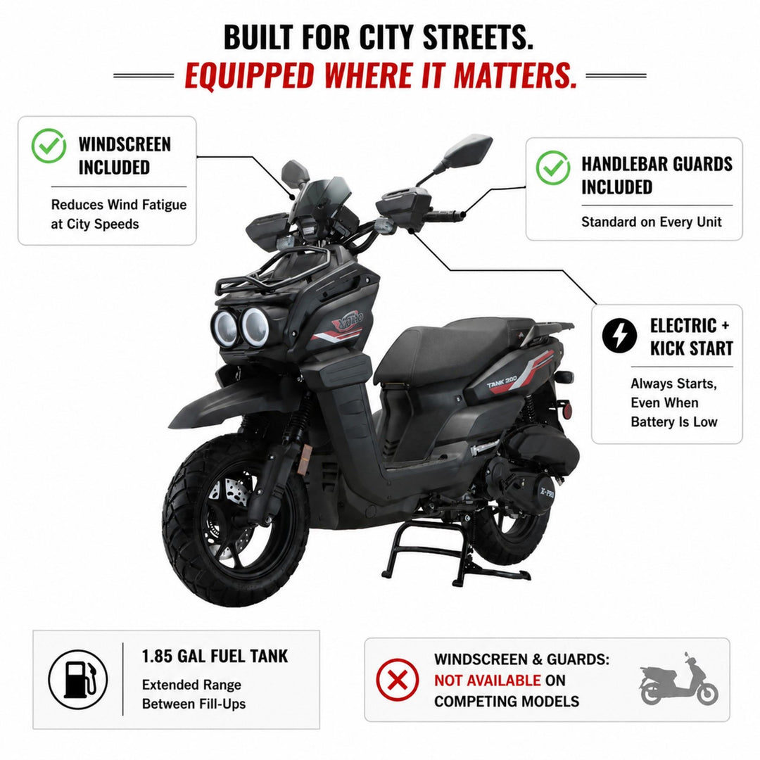 Free Shipping! X-PRO Tank 200 Moped Scooter with 12" Aluminum Wheels! Electric/Kick Start, LED Lights!
