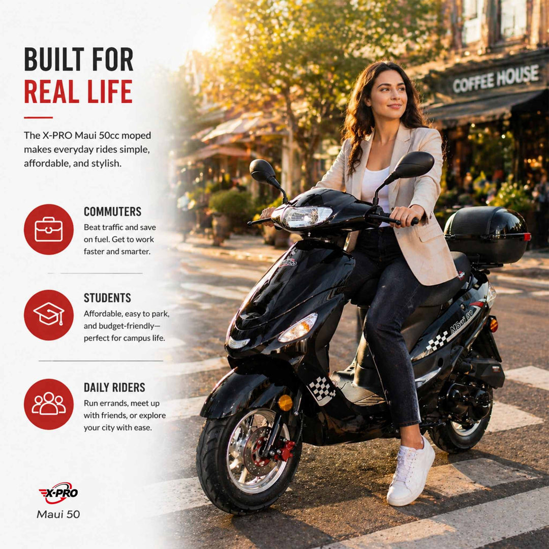 Free Shipping! X-PRO Maui 50cc Moped Scooter with 10" Aluminum Wheels, Rear Trunk, Electric/Kick Start!