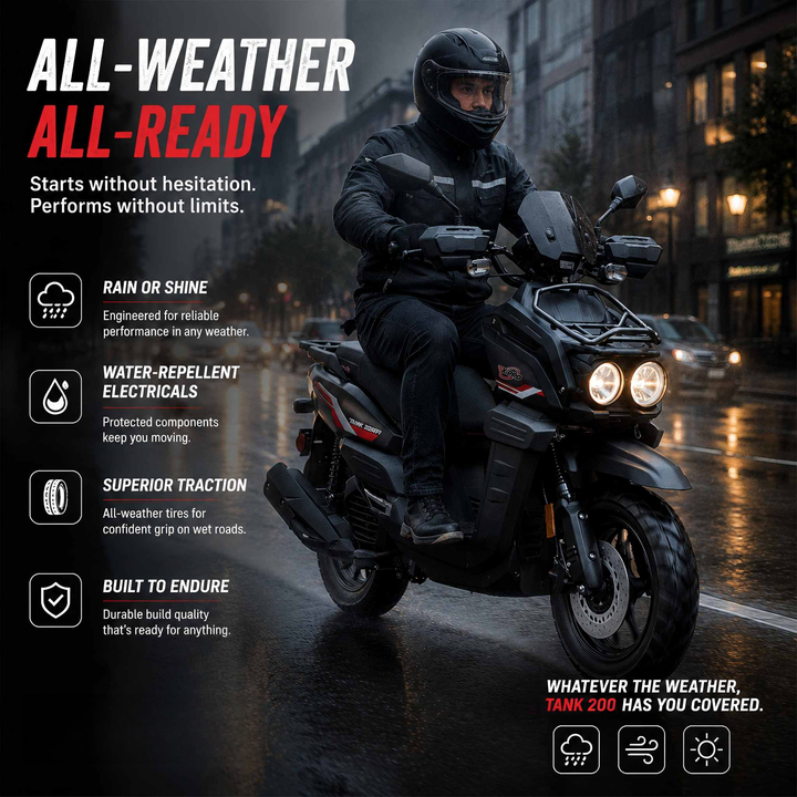 Free Shipping! X-PRO Tank 200 Moped Scooter with 12" Aluminum Wheels! Electric/Kick Start, LED Lights!