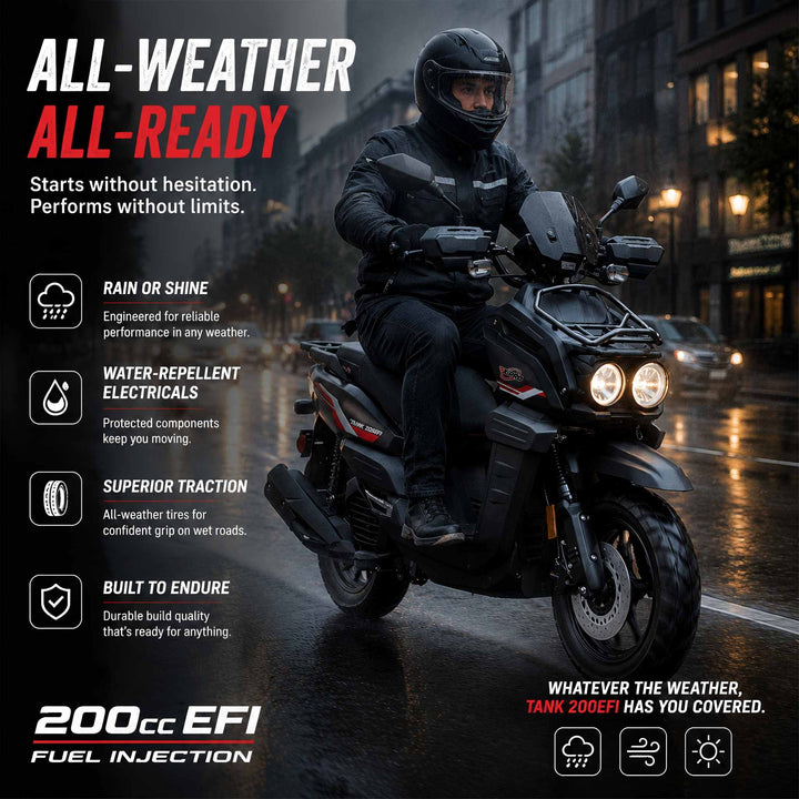 Free Shipping! X-PRO TANK 200 EFI Electronic Fuel Injection Moped Scooter with 12" Alloy Wheels! LED Lights!
