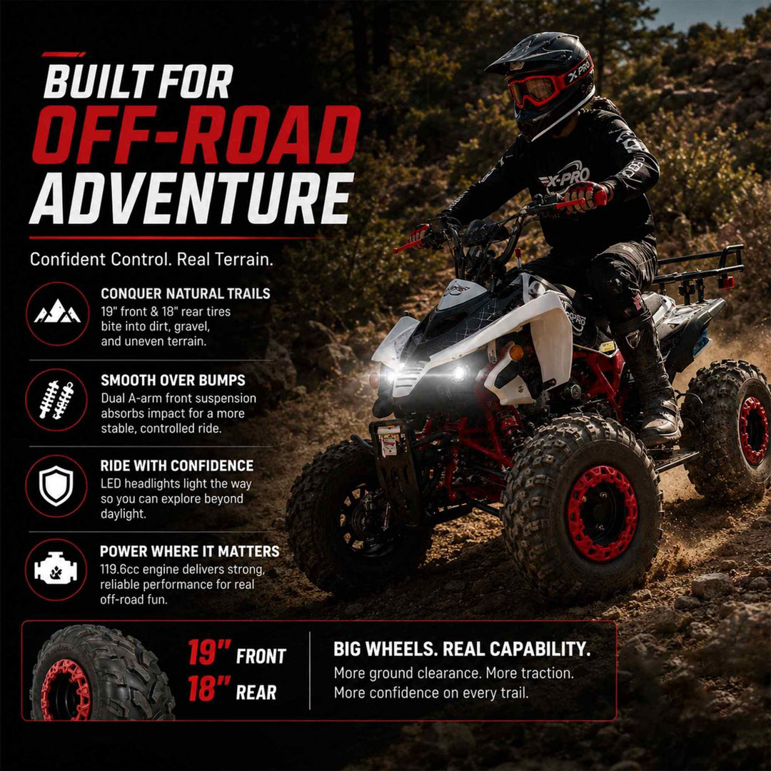Free shipping! X-PRO Thunder 125cc ATV with Automatic Transmission w/Reverse, LED Headlights, Big 19in/18in Tires!