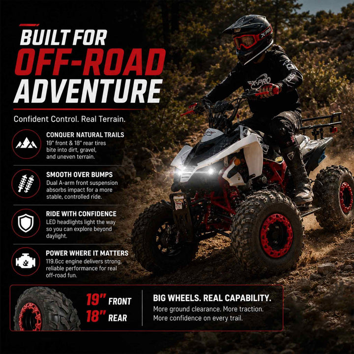 Free shipping! X-PRO Thunder 125cc ATV with Automatic Transmission w/Reverse, LED Headlights, Big 19in/18in Tires!