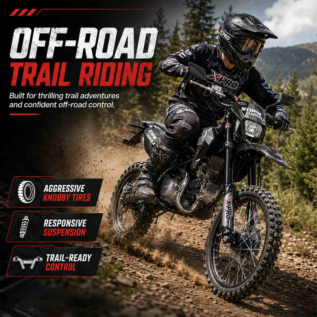 Free Shipping! X-PRO Storm DLX 150 Dirt Bike with All Lights, 4-Speed Manual Transmission, Electric/Kick Start, Big 19in/16in Tires!