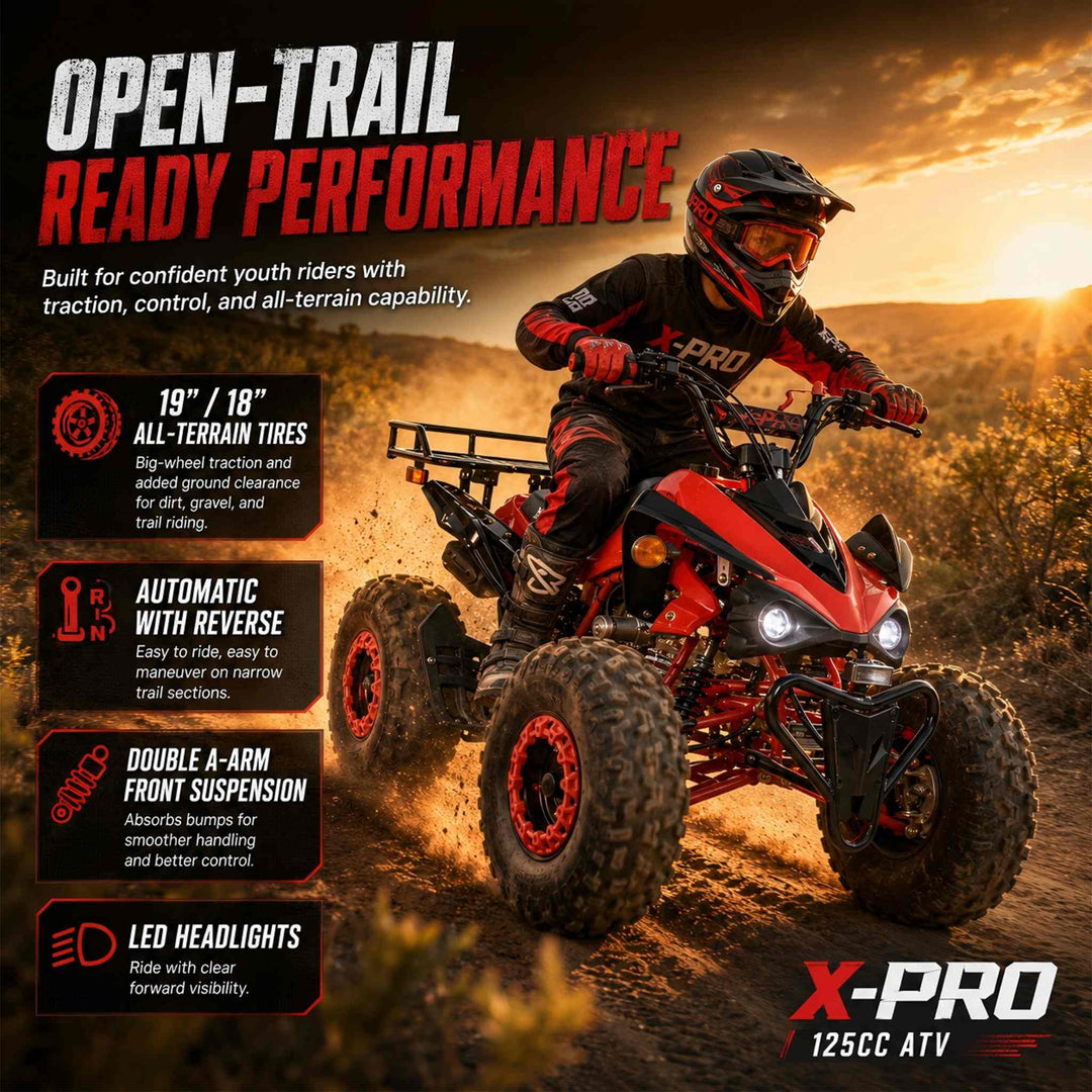 Free shipping! X-PRO Blast 125cc ATV with Automatic Transmission w/Reverse, LED Headlights, Big 19in/18in Tires!