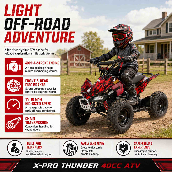 Free Shipping! X-PRO Thunder 40cc ATV with Chain Transmission, Pull start! Disc Brake! 6in Tires!
