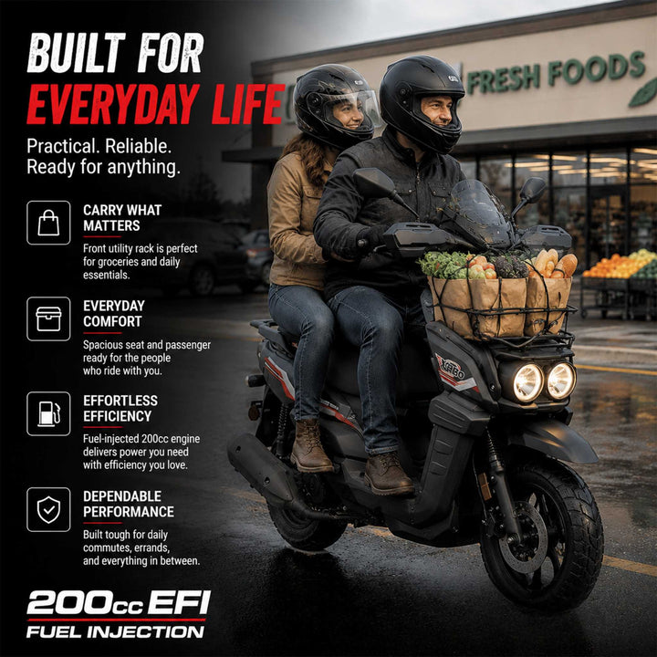 Free Shipping! X-PRO TANK 200 EFI Electronic Fuel Injection Moped Scooter with 12" Alloy Wheels! LED Lights!