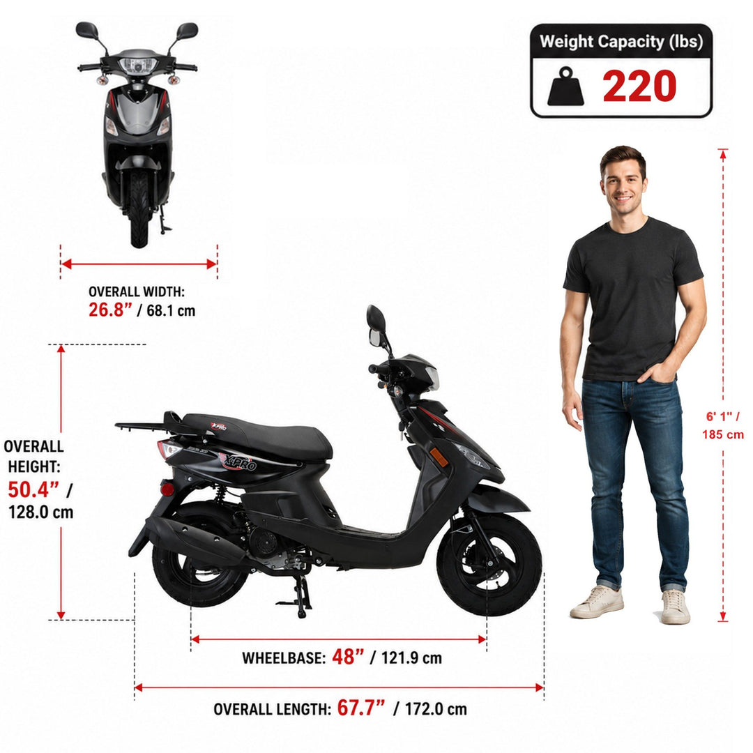 Free Shipping! X-PRO Bora 50cc Moped Scooter with 10" Aluminum Wheels, Electric/Kick Start!