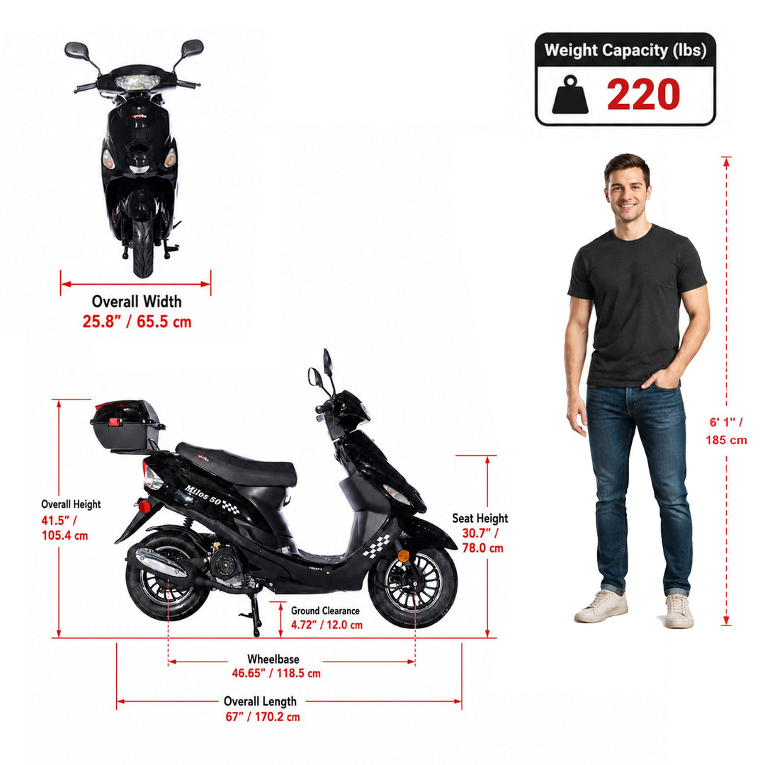 Free Shipping! X-PRO Milos 50cc Moped Scooter with 10in Aluminum Wheels, Rear Trunk, Electric/Kick Start! Large LED Headlight!