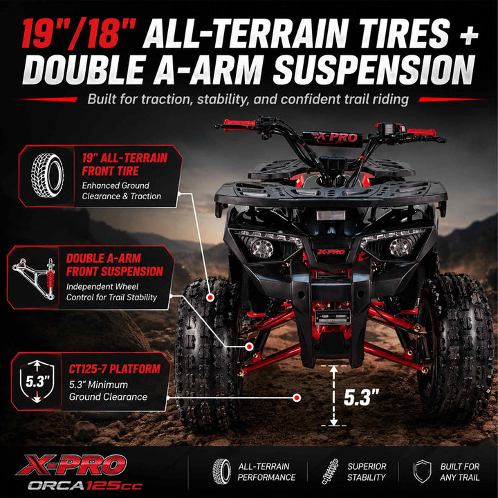 Free Shipping! X-PRO Orca 125cc ATV with Automatic Transmission w/Reverse, LED Headlights, Electric Start, Big 19"/18" Tires!