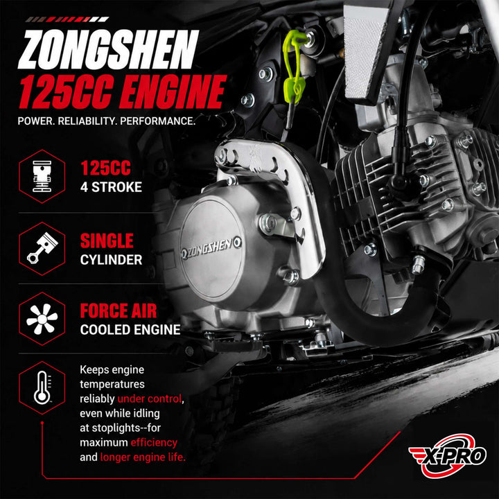Free Shipping! X-PRO X9 125cc Dirt Bike with 4-Speed Manual Transmission, Kick Start, Big 17in/14in Tires! Zongshen Brand Engine!