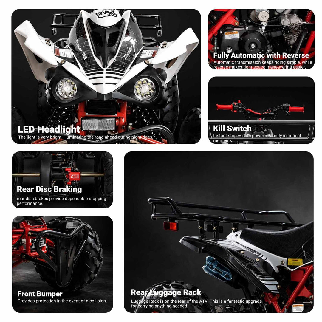 Free shipping! X-PRO Thunder 125cc ATV with Automatic Transmission w/Reverse, LED Headlights, Big 19in/18in Tires!