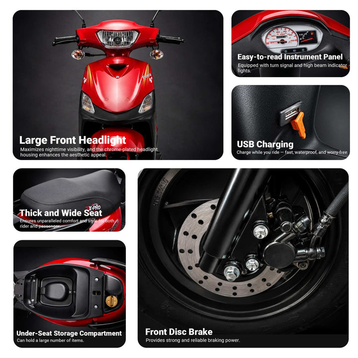 Free Shipping! X-PRO Bora 50cc Moped Scooter with 10" Aluminum Wheels, Electric/Kick Start!