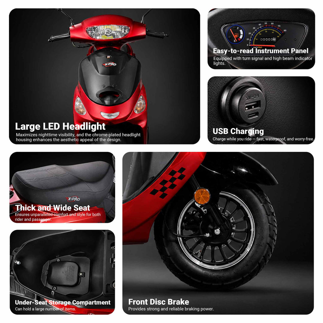 Free Shipping! X-PRO Milos 50cc Moped Scooter with 10in Aluminum Wheels, Rear Trunk, Electric/Kick Start! Large LED Headlight!
