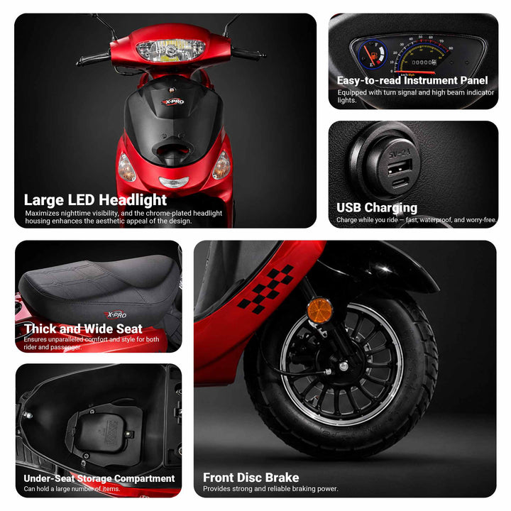 Free Shipping! X-PRO Milos 50cc Moped Scooter with 10in Aluminum Wheels, Rear Trunk, Electric/Kick Start! Large LED Headlight!