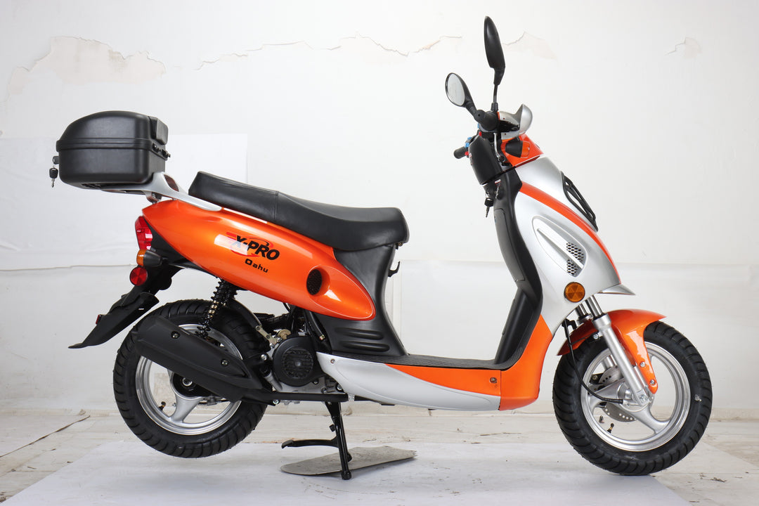 Free Shipping! X-PRO Oahu 50cc Moped Scooter with 10in Aluminum Wheels, Rear Trunk! Electric/Kick Start! Large Headlight!