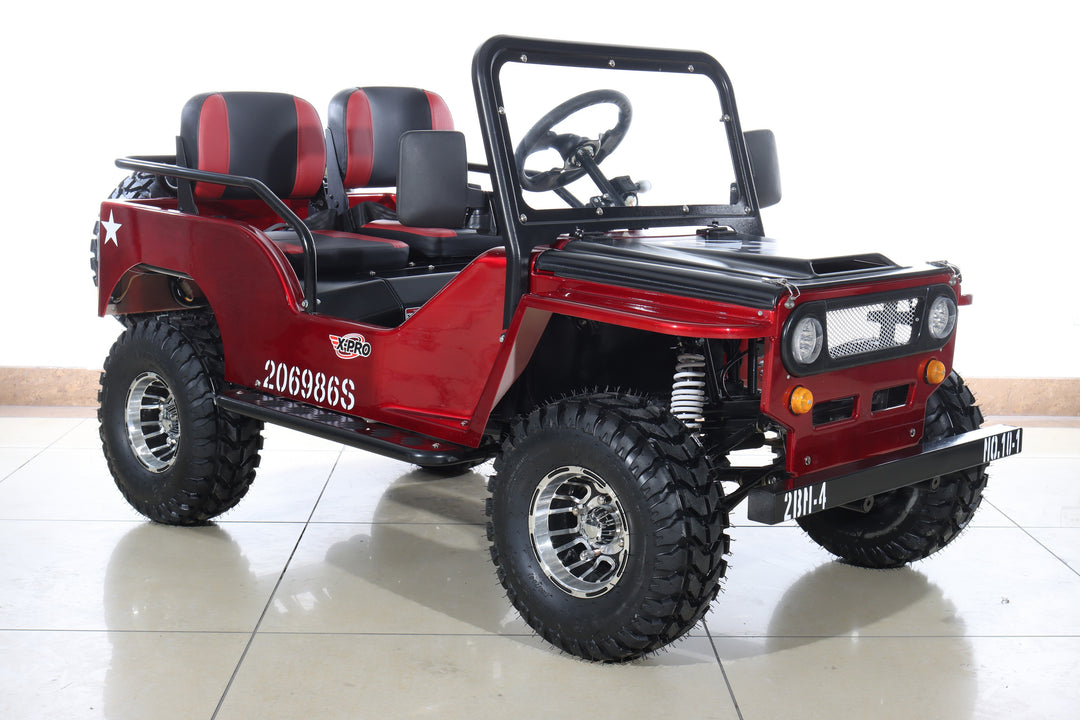 Free Shipping! X-PRO Ranger 150 Jeep Go Kart with 3-Speed Semi-Automatic Transmission w/Reverse, LED Headlights, With Windshield and Spare Tire, Big 18in Aluminium Rim Wheels!
