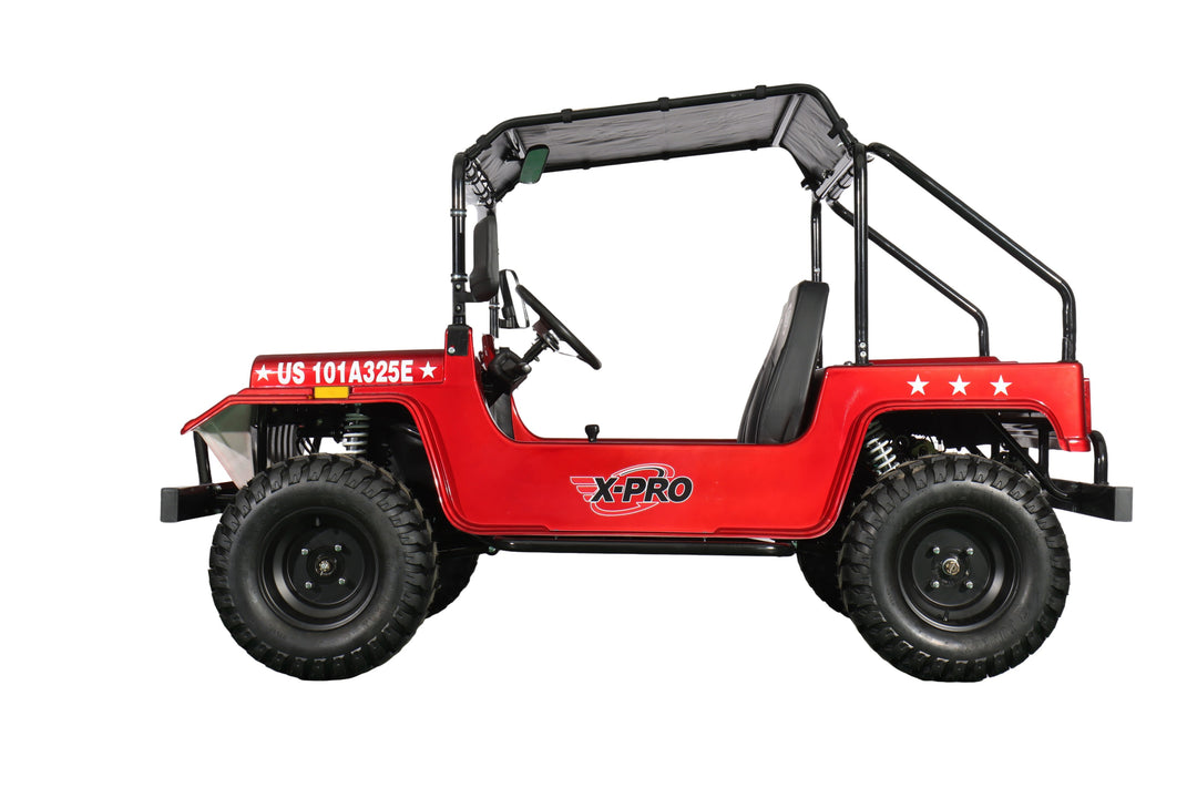 Free Shipping! X-PRO Ridge 200 Jeep with CVT Transmission w/Reverse! with Windshield &amp; Soft Top, 4-Wheel Disc Brakes, Big 20.5” Wheels!