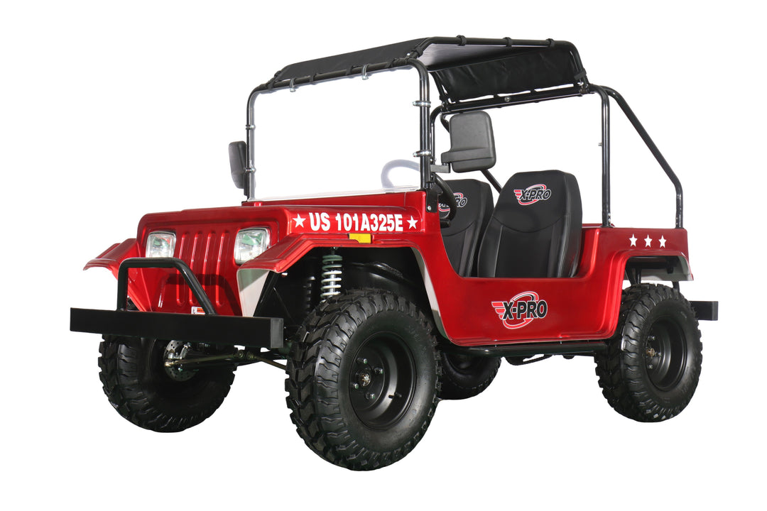 Free Shipping! X-PRO Ridge 200 Jeep with CVT Transmission w/Reverse! with Windshield &amp; Soft Top, 4-Wheel Disc Brakes, Big 20.5” Wheels!
