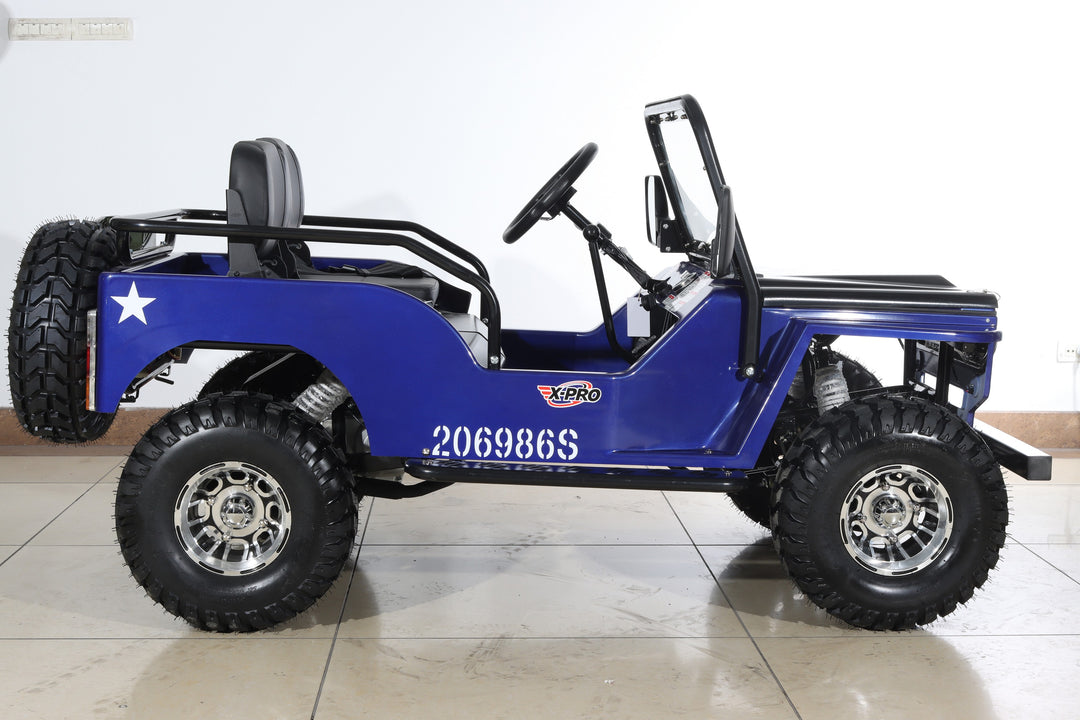Free Shipping! X-PRO Ranger 150 Jeep Go Kart with 3-Speed Semi-Automatic Transmission w/Reverse, LED Headlights, With Windshield and Spare Tire, Big 18in Aluminium Rim Wheels!