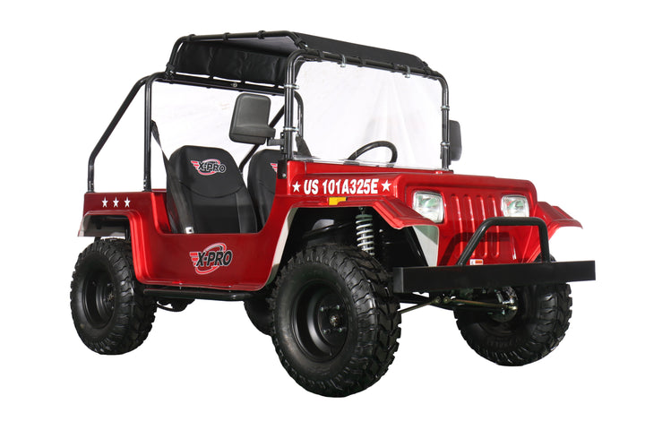 Free Shipping! X-PRO Ridge 200 Jeep with CVT Transmission w/Reverse! with Windshield &amp; Soft Top, 4-Wheel Disc Brakes, Big 20.5” Wheels!