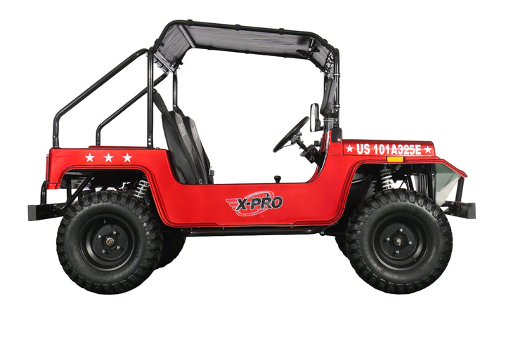 Free Shipping! X-PRO Ridge 200 Jeep with CVT Transmission w/Reverse! with Windshield &amp; Soft Top, 4-Wheel Disc Brakes, Big 20.5” Wheels!