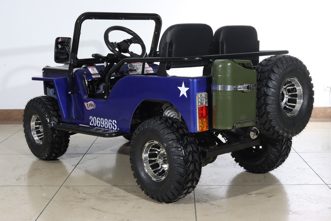 Free Shipping! X-PRO Ranger 150 Jeep Go Kart with 3-Speed Semi-Automatic Transmission w/Reverse, LED Headlights, With Windshield and Spare Tire, Big 18in Aluminium Rim Wheels!