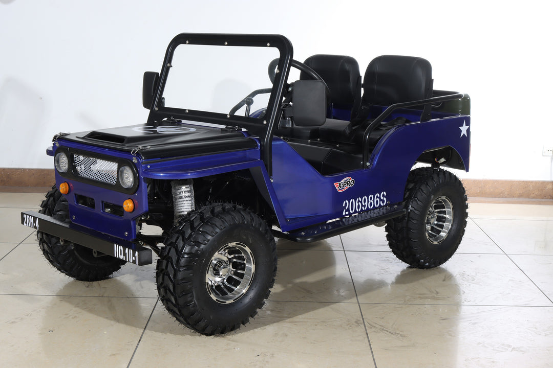 Free Shipping! X-PRO Ranger 150 Jeep Go Kart with 3-Speed Semi-Automatic Transmission w/Reverse, LED Headlights, With Windshield and Spare Tire, Big 18in Aluminium Rim Wheels!