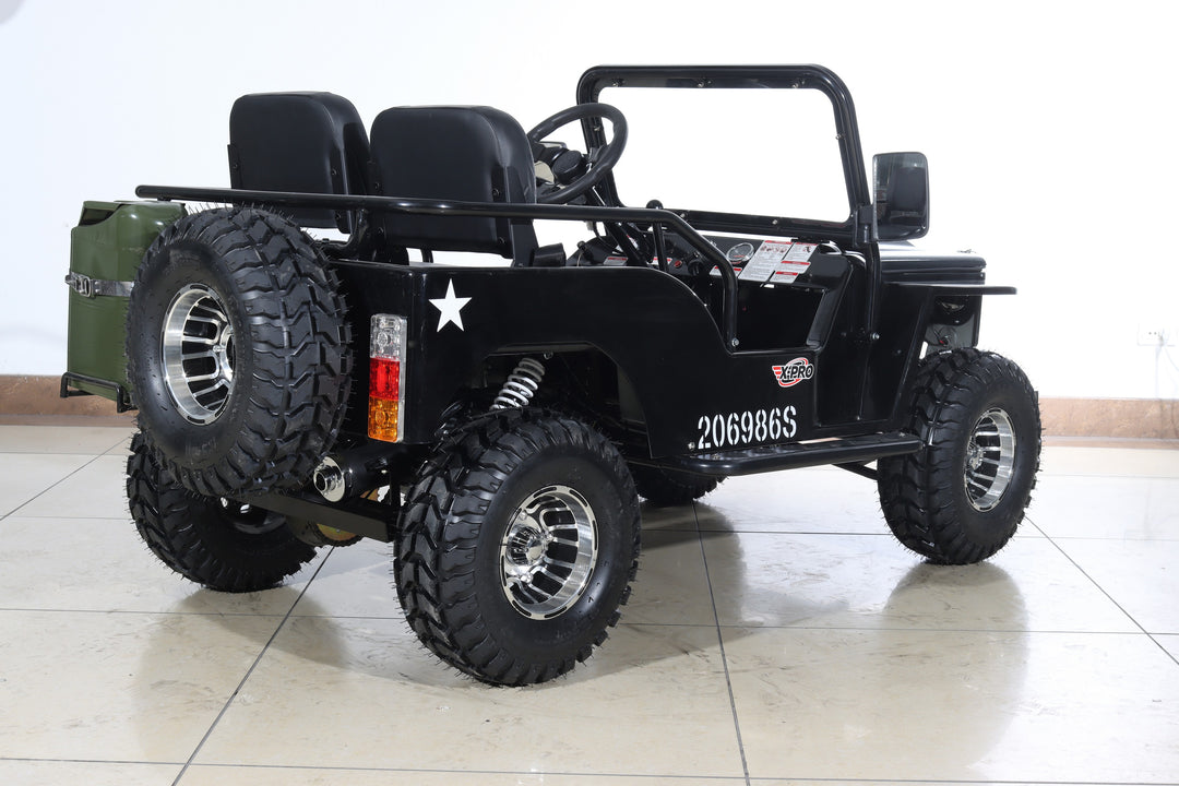 Free Shipping! X-PRO Ranger 150 Jeep Go Kart with 3-Speed Semi-Automatic Transmission w/Reverse, LED Headlights, With Windshield and Spare Tire, Big 18in Aluminium Rim Wheels!