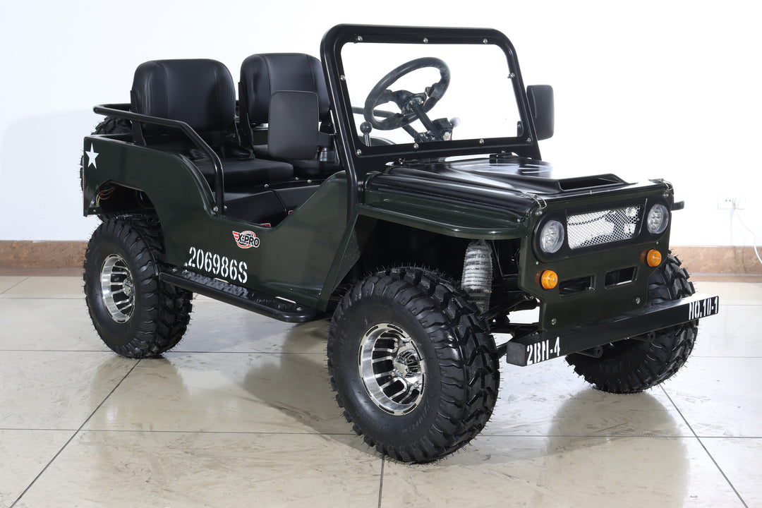 Free Shipping! X-PRO Ranger 150 Jeep Go Kart with 3-Speed Semi-Automatic Transmission w/Reverse, LED Headlights, With Windshield and Spare Tire, Big 18in Aluminium Rim Wheels!
