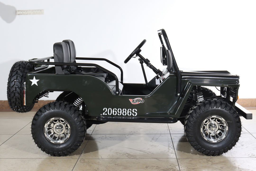 Free Shipping! X-PRO Ranger 150 Jeep Go Kart with 3-Speed Semi-Automatic Transmission w/Reverse, LED Headlights, With Windshield and Spare Tire, Big 18in Aluminium Rim Wheels!