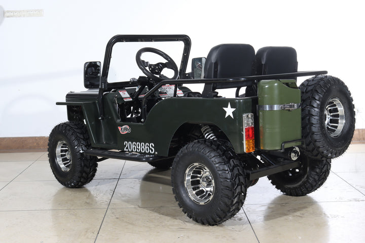 Free Shipping! X-PRO Ranger 150 Jeep Go Kart with 3-Speed Semi-Automatic Transmission w/Reverse, LED Headlights, With Windshield and Spare Tire, Big 18in Aluminium Rim Wheels!
