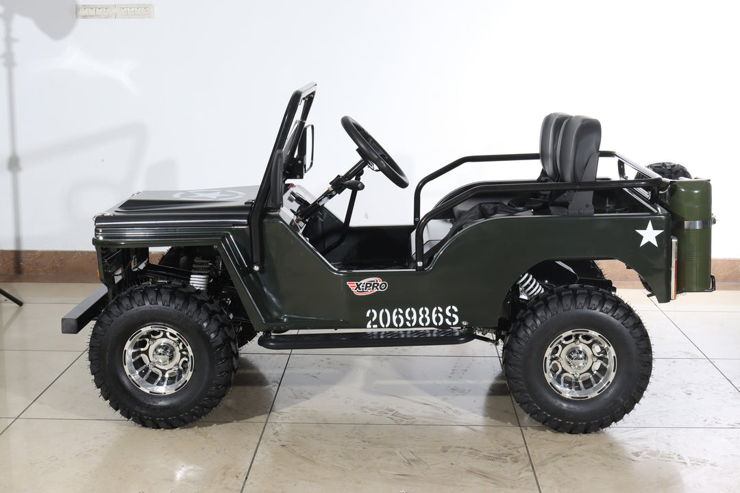 Free Shipping! X-PRO Ranger 150 Jeep Go Kart with 3-Speed Semi-Automatic Transmission w/Reverse, LED Headlights, With Windshield and Spare Tire, Big 18in Aluminium Rim Wheels!