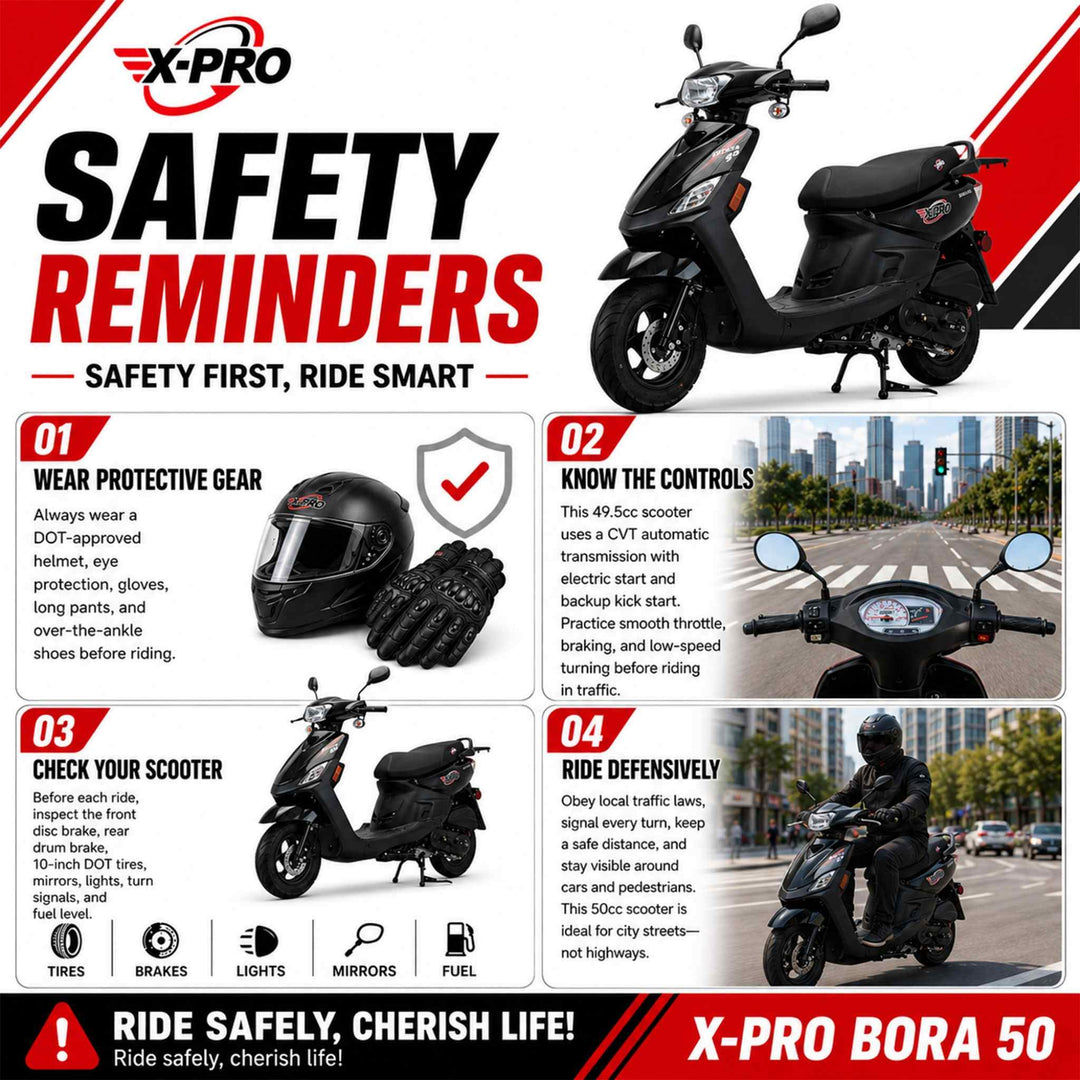 Free Shipping! X-PRO Bora 50cc Moped Scooter with 10" Aluminum Wheels, Electric/Kick Start!