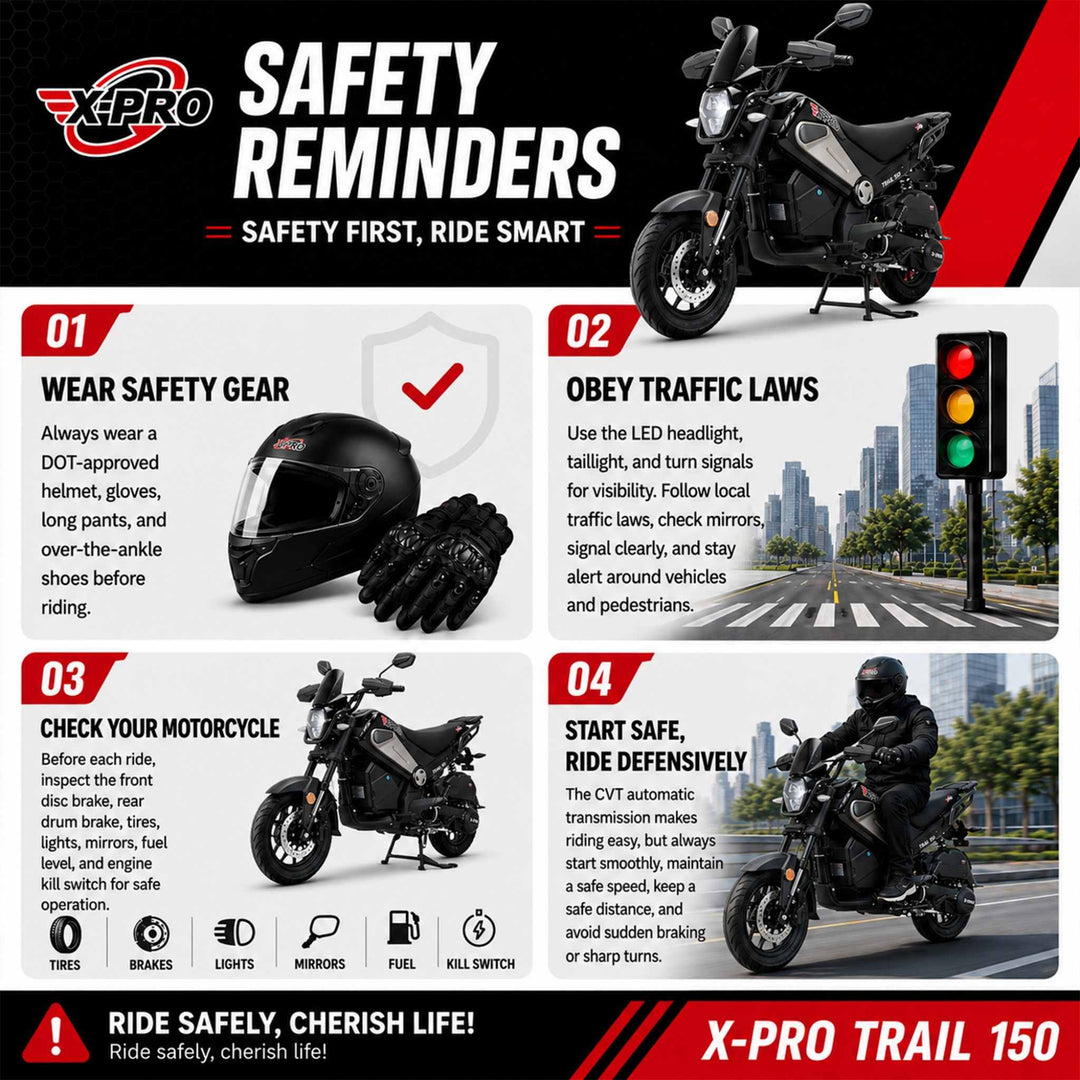 Free Shipping! X-PRO Trail 150 Motorcycle with Automatic Transmission, Electric/Kick Start! 12"/10" Aluminum Wheels! LED Lights!