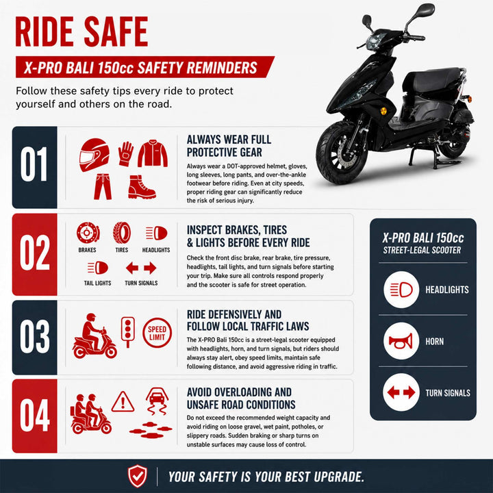 Free Shipping! X-PRO Bali 150cc Moped Scooter with 10" Wheels! Electric Start, Large Headlights!