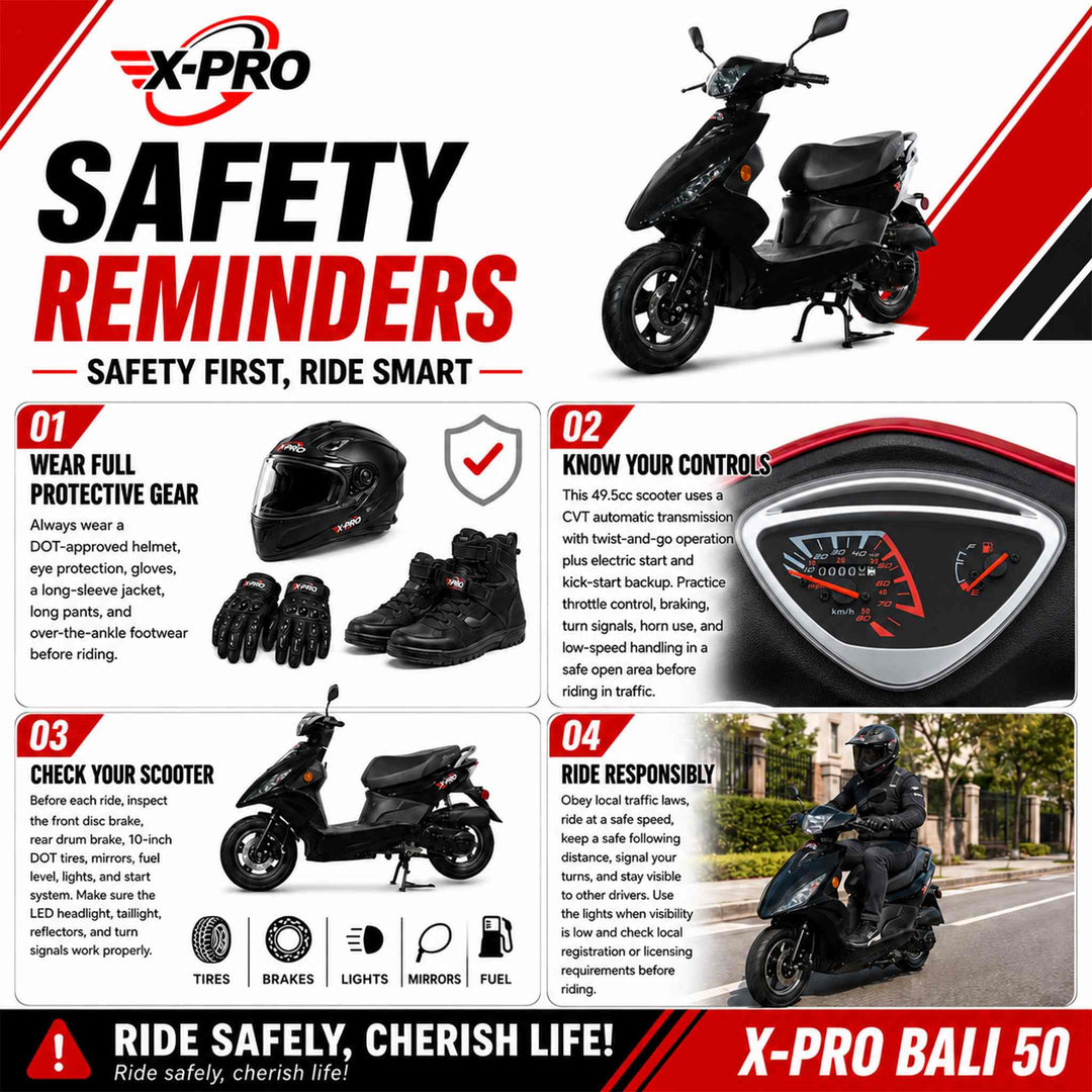 Free Shipping! X-PRO Bali 50cc Moped Scooter with 10" Wheels! Electric/Kick Start! Large LED Headlights!